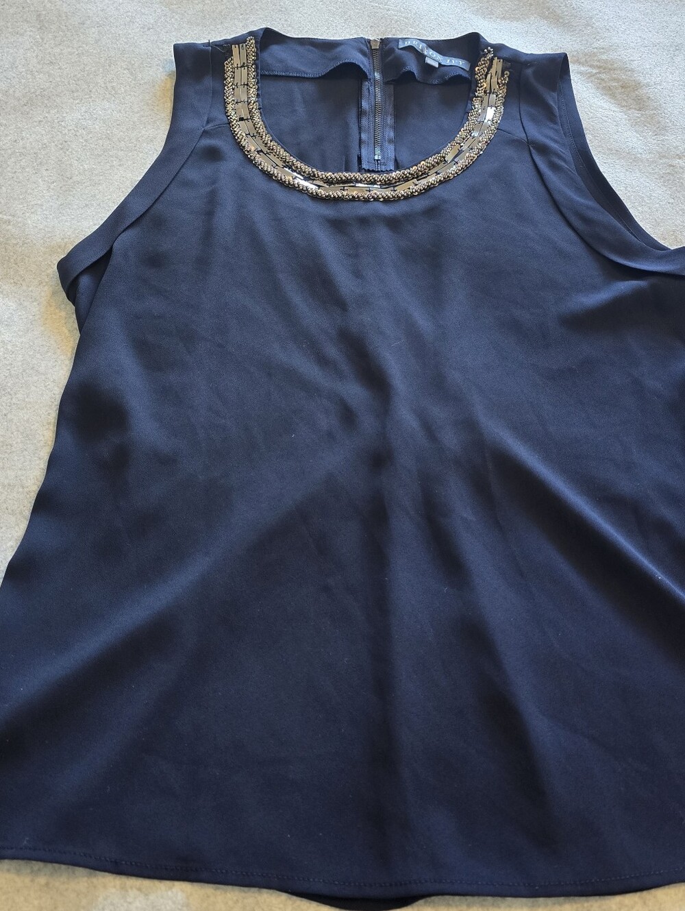Brixon Ivy Navy Sleeveless Shell with Gold Beaded Neckline Size L